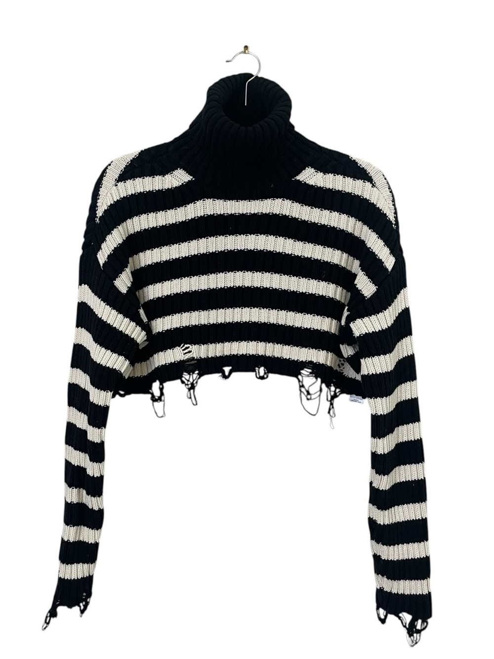 Zara Cropped Turtleneck Striped Black Off White Raw Hem Crop S Sweater Pullover